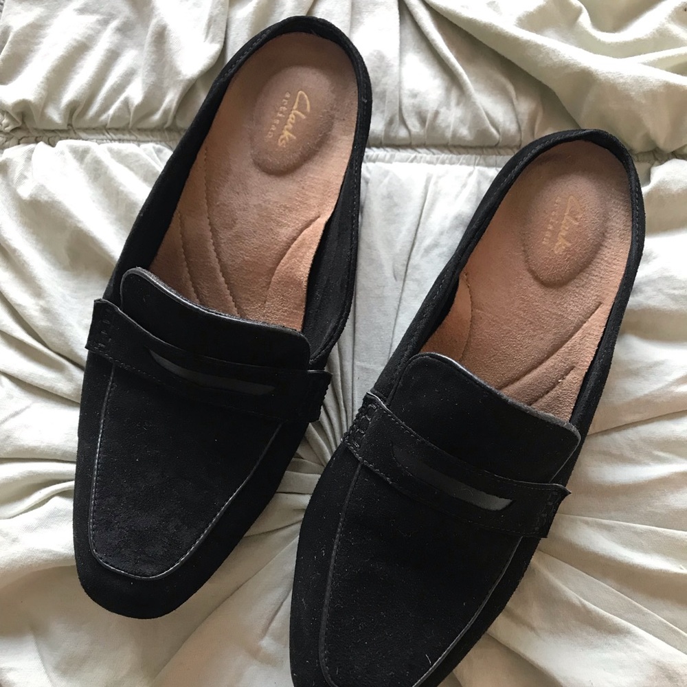 Clarks black suede mules / loafers